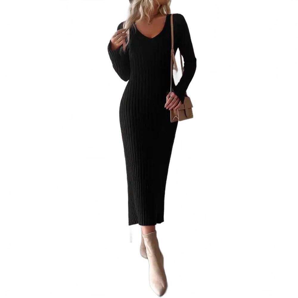 NEW MISS SPARKLING ribbed long sleeve midi dress in black